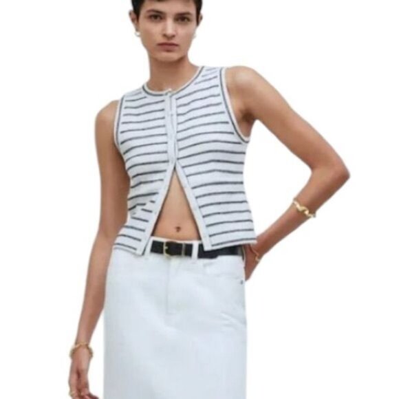 Madewell Cotton Blend Split Crewneck Cardigan Tank Cream Navy Size XS - Picture 12 of 12